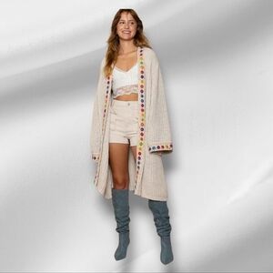 POL Beige Bohemian Chunky Knit Long Line Open Front Colorful Cardigan Size M